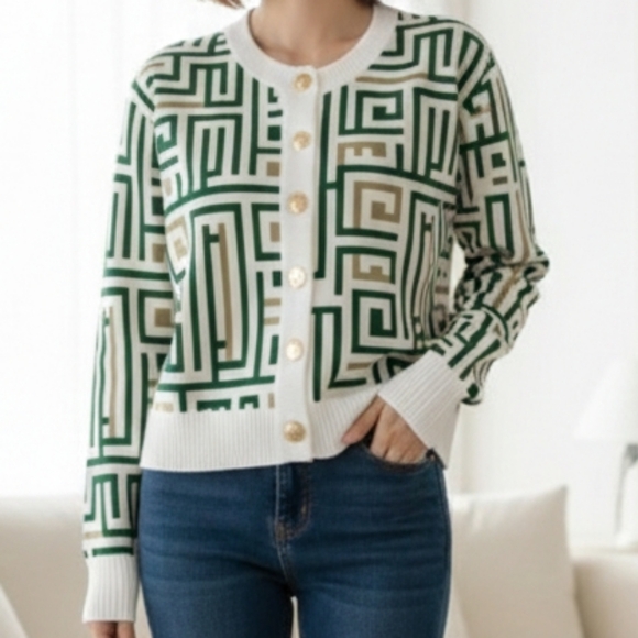 Sweaters - Geometric Pattern Cardigan with Gold Buttons